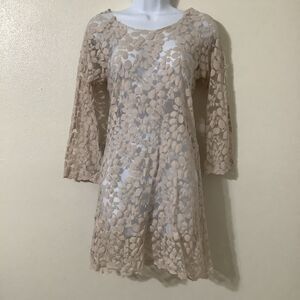 Sheer Tan Lace Lagenlook Cottagecore Cotton Bohemian Boho Fairy Long Tunic Top S